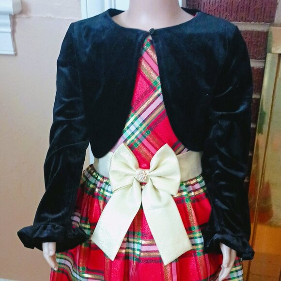 Sweet Charmers Plaid Jacket Dress 7 2 Piece Red & Gold Christmas Velvet Jacket - Picture 3 of 10